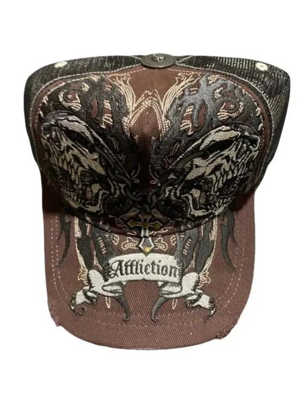 Affliction X Ozzy Osborne Vintage New Double Skull brown hat, adult OSFM Y2K Cap